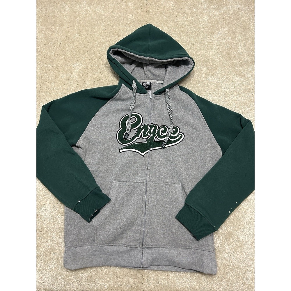 Vintage ENYCE Full Zip Hoodie Mens‎ 2XL Gray Green Embroidered Spell Out Logo